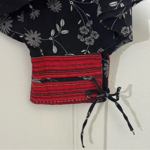 Harem Drop Crotch Thai Pants Black Floral Size Medium Gypsy Hippie Aladdin Hmong - Picture 5 of 11